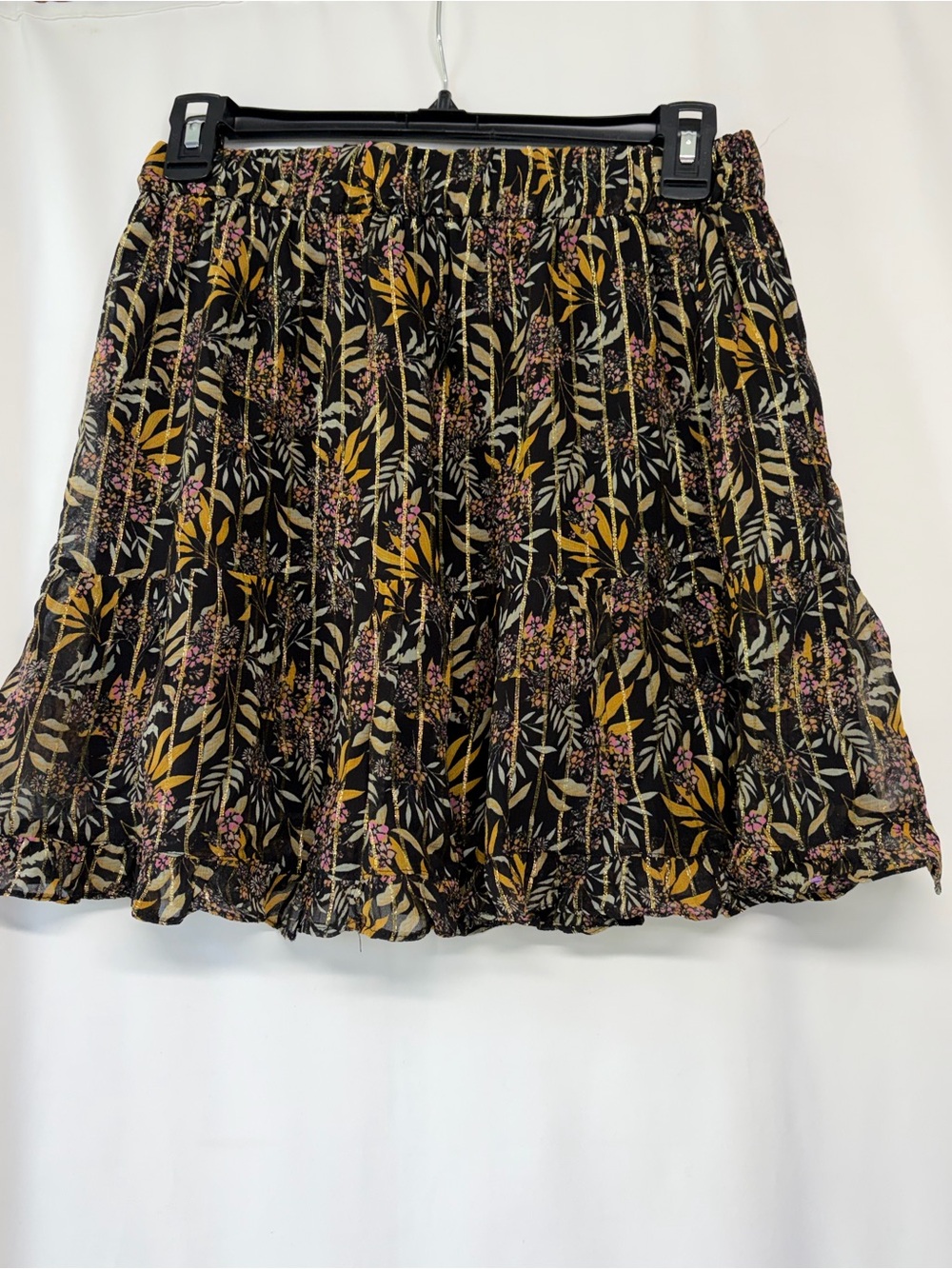 Zara Women’s Small Black Gold Floral & Striped Tiered Mini Skirt - Picture 9 of 15